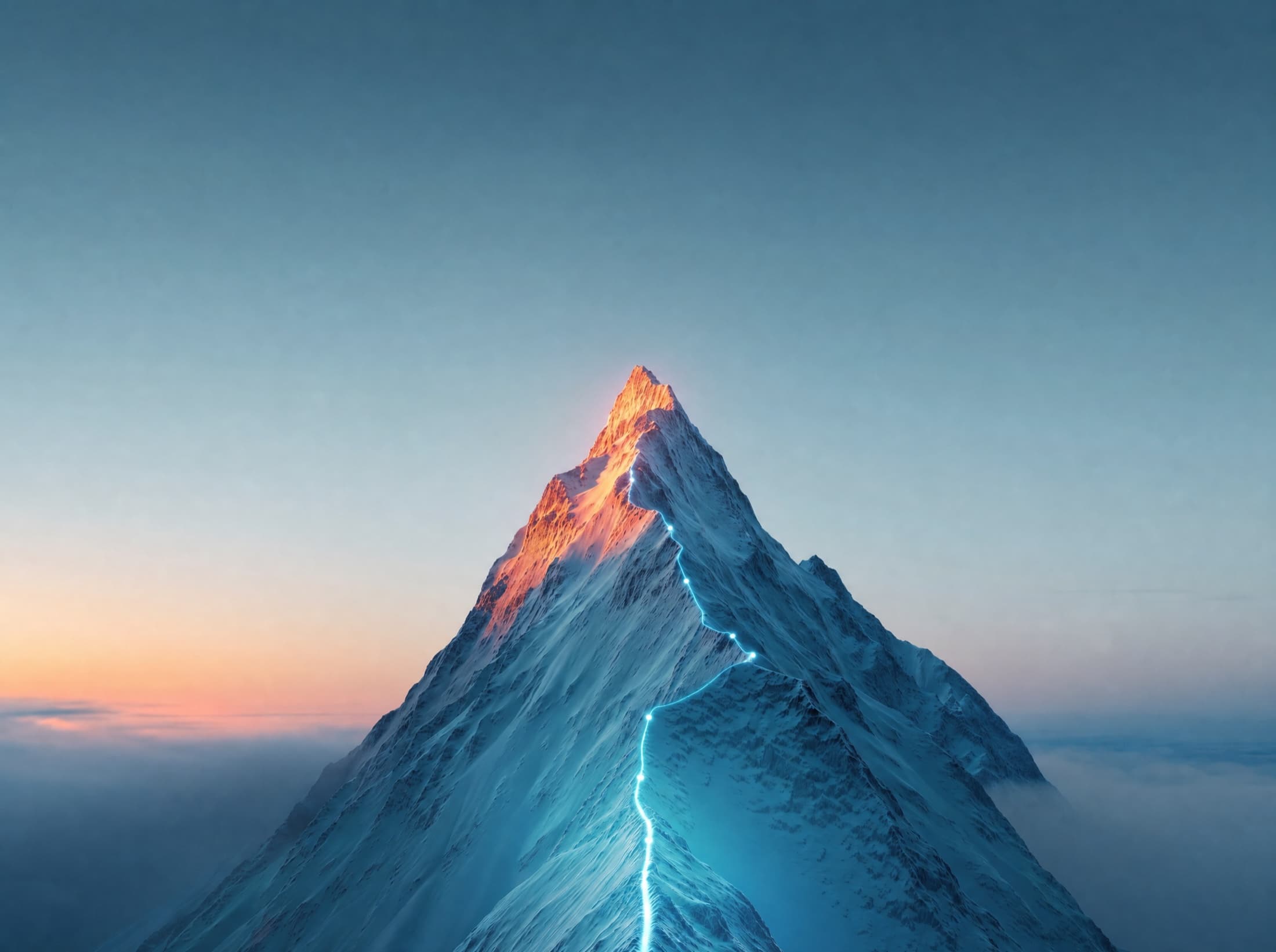 A snow-covered mountain with a bright blue route leading to the summit - a symbol of a predictable path to new clients