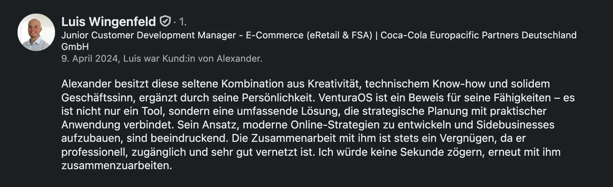 Bewertung von Luis Wingenfeld über die Zusammenarbeit mit Alexander Freytag