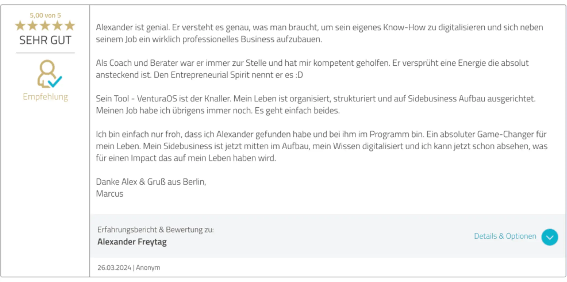 Bewertung von Marcus Glade über die Zusammenarbeit mit Alexander Freytag